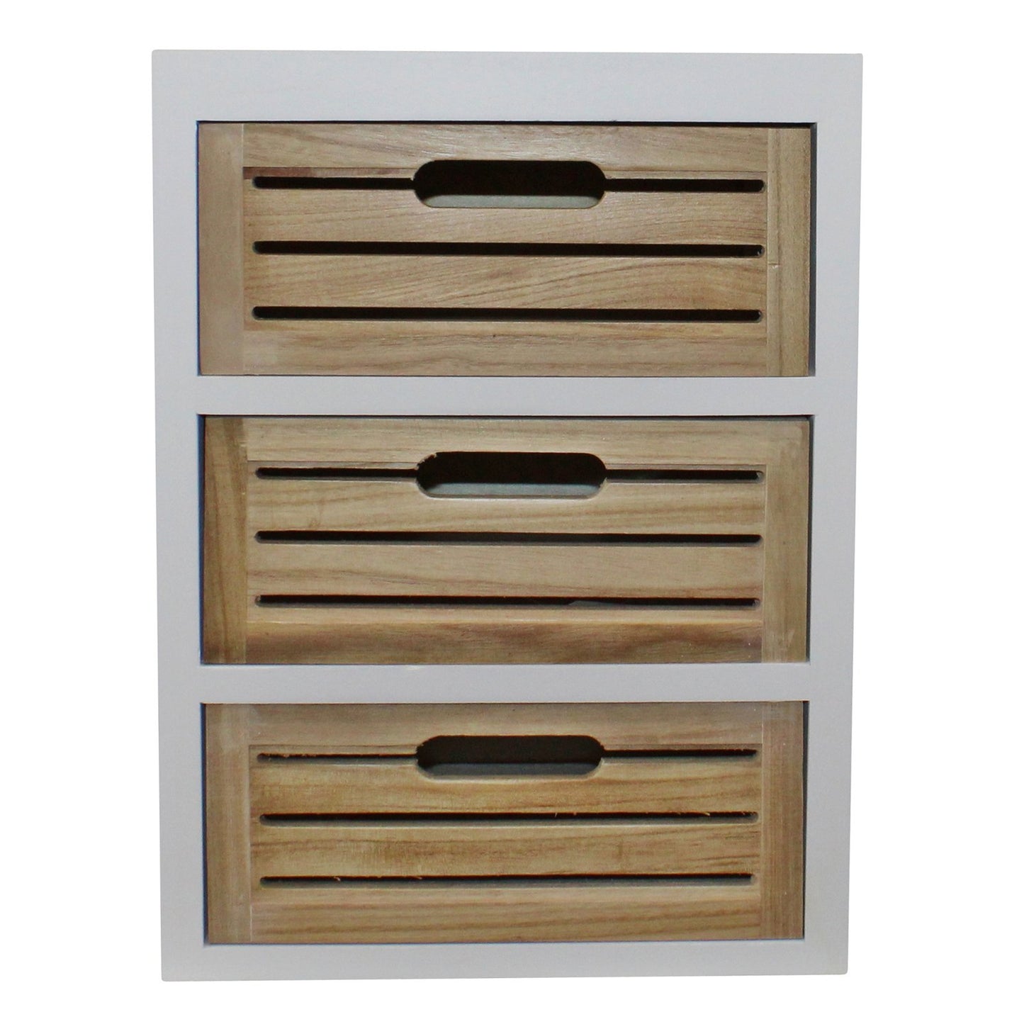 Mesita de noche de 3 cajones en color blanco con cajones de madera natural y patas extraíbles