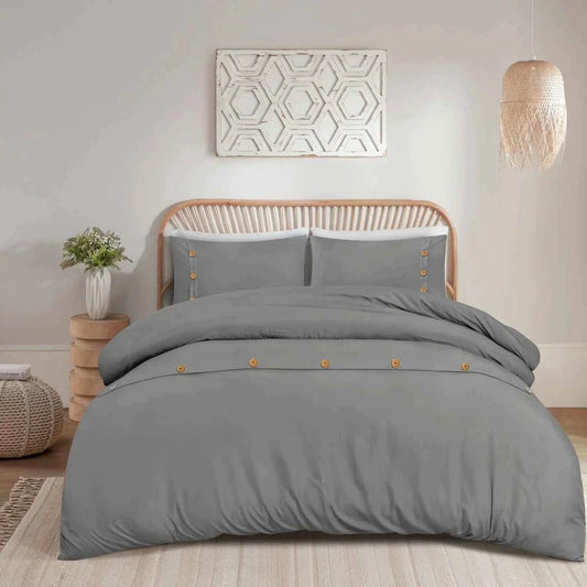 Parure de lit grise avec boutons en bois de qualité supérieure