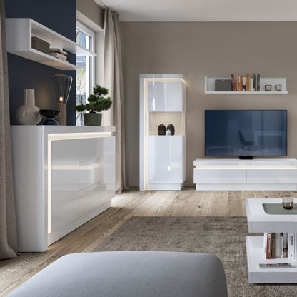 Buffet 2 portes et 3 tiroirs (avec éclairage LED) en blanc et brillant