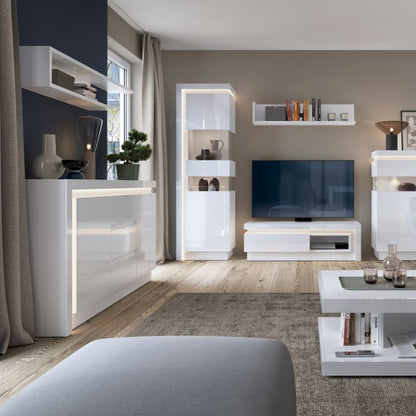 Buffet 2 portes et 3 tiroirs (avec éclairage LED) en blanc et brillant