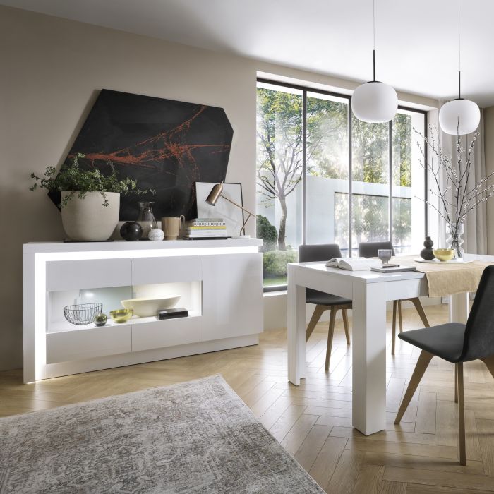 Buffet vitré à 3 portes (avec éclairage LED) en blanc et brillant