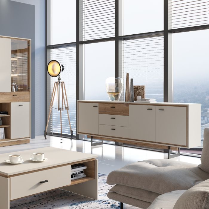 Buffet 3 portes et 3 tiroirs en gris et chêne