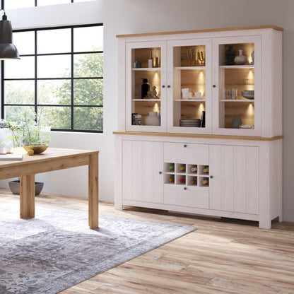 Buffet 2 portes et 2 tiroirs avec casier à vin en blanc et chêne
