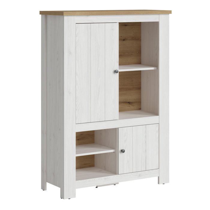Buffet 2 portes et 4 étagères en blanc et chêne