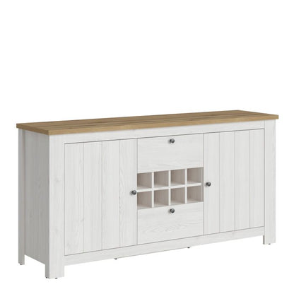 Buffet 2 portes et 2 tiroirs avec casier à vin en blanc et chêne