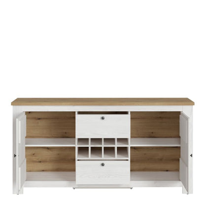 Buffet 2 portes et 2 tiroirs avec casier à vin en blanc et chêne