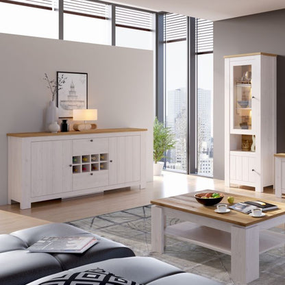 Buffet 2 portes et 2 tiroirs avec casier à vin en blanc et chêne