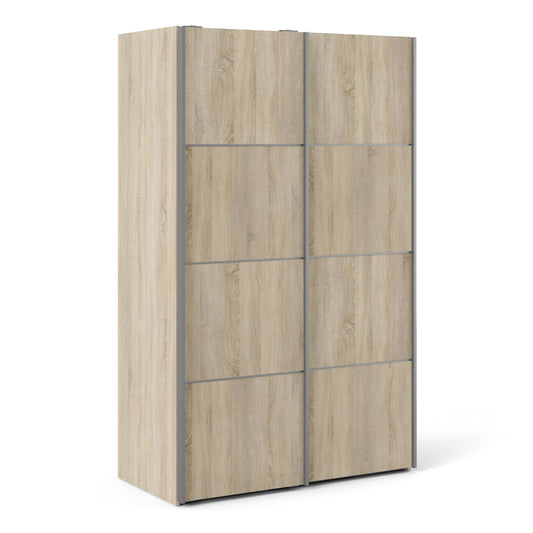 La collection « Patsy ». Armoire coulissante 120 cm en chêne avec portes en chêne et 5 étagères