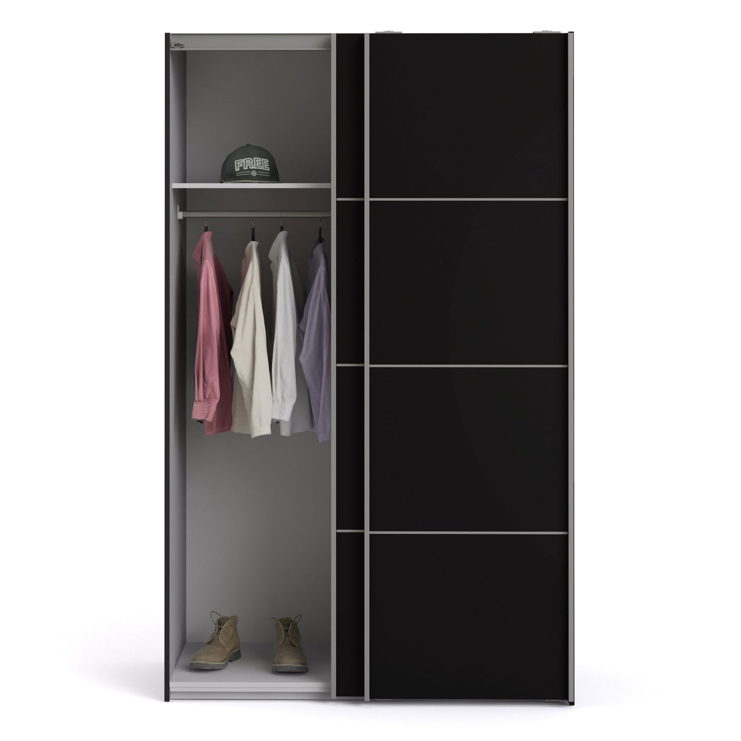 La collection « Patsy ». Armoire coulissante 120 cm en noir mat avec portes noires mates et 2 étagères