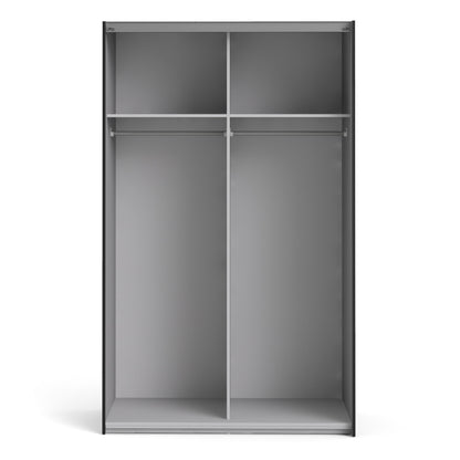 La collection « Patsy ». Armoire coulissante 120 cm en noir mat avec portes noires mates et 2 étagères
