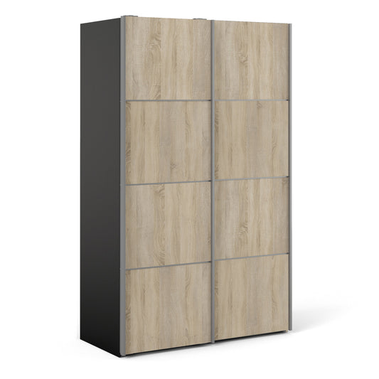 La collection « Patsy ». Armoire coulissante 120 cm en noir mat avec portes en chêne et 5 étagères