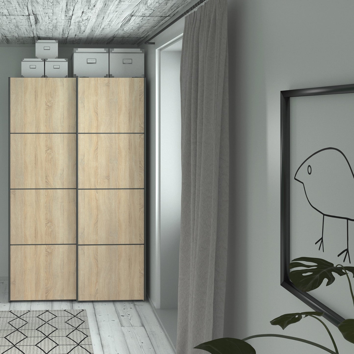 The 'Patsy' Collection.   Sliding Wardrobe 120cm in Black Matt with Oak Doors with 5 Shelves
