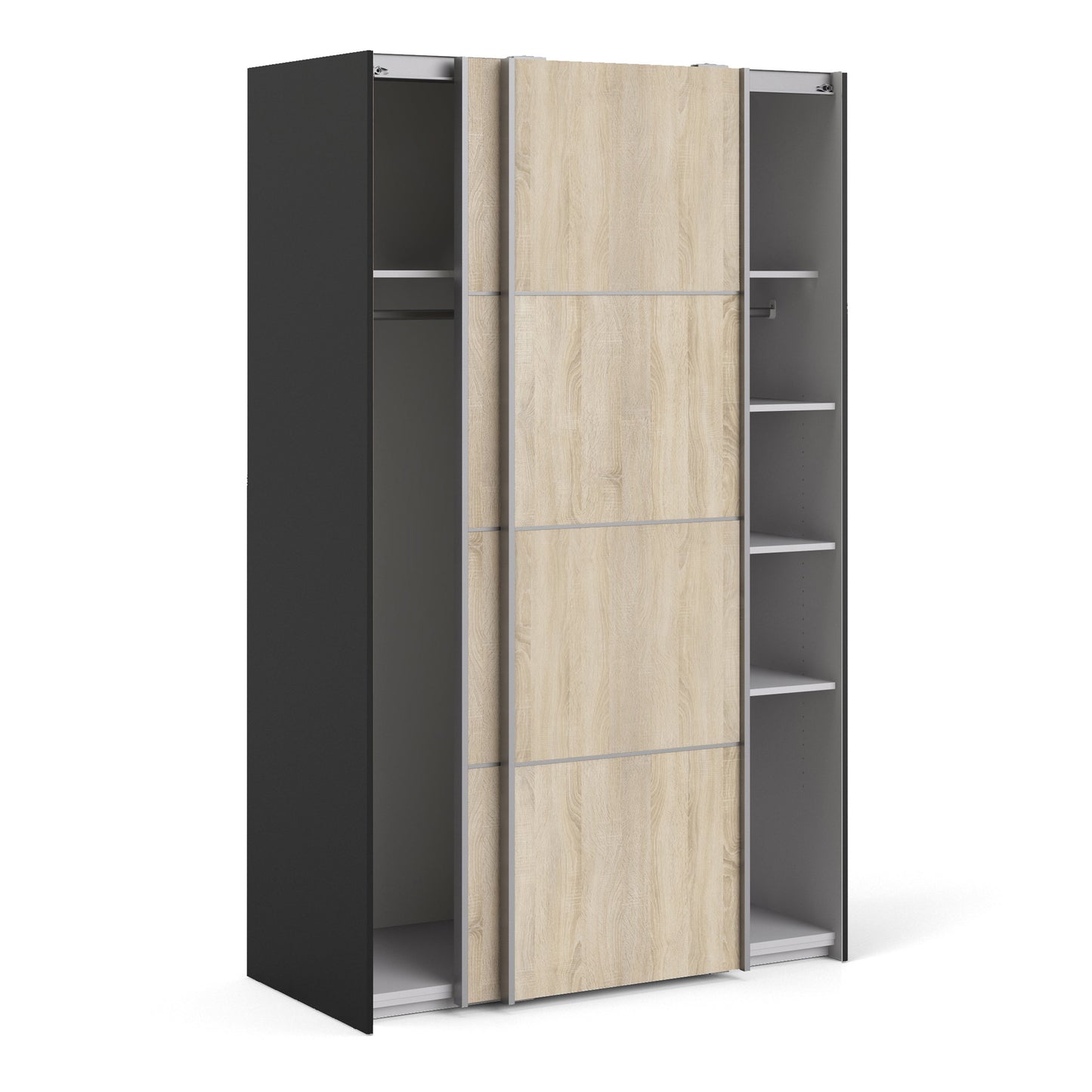 The 'Patsy' Collection.   Sliding Wardrobe 120cm in Black Matt with Oak Doors with 5 Shelves