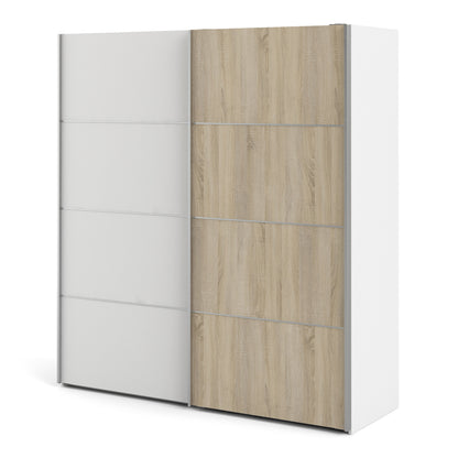 Colección 'Patsy'. Armario corredero de 180 cm en color blanco con puertas blancas y roble con 2 estantes