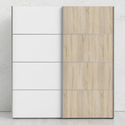 Colección 'Patsy'. Armario corredero de 180 cm en color blanco con puertas blancas y roble con 2 estantes