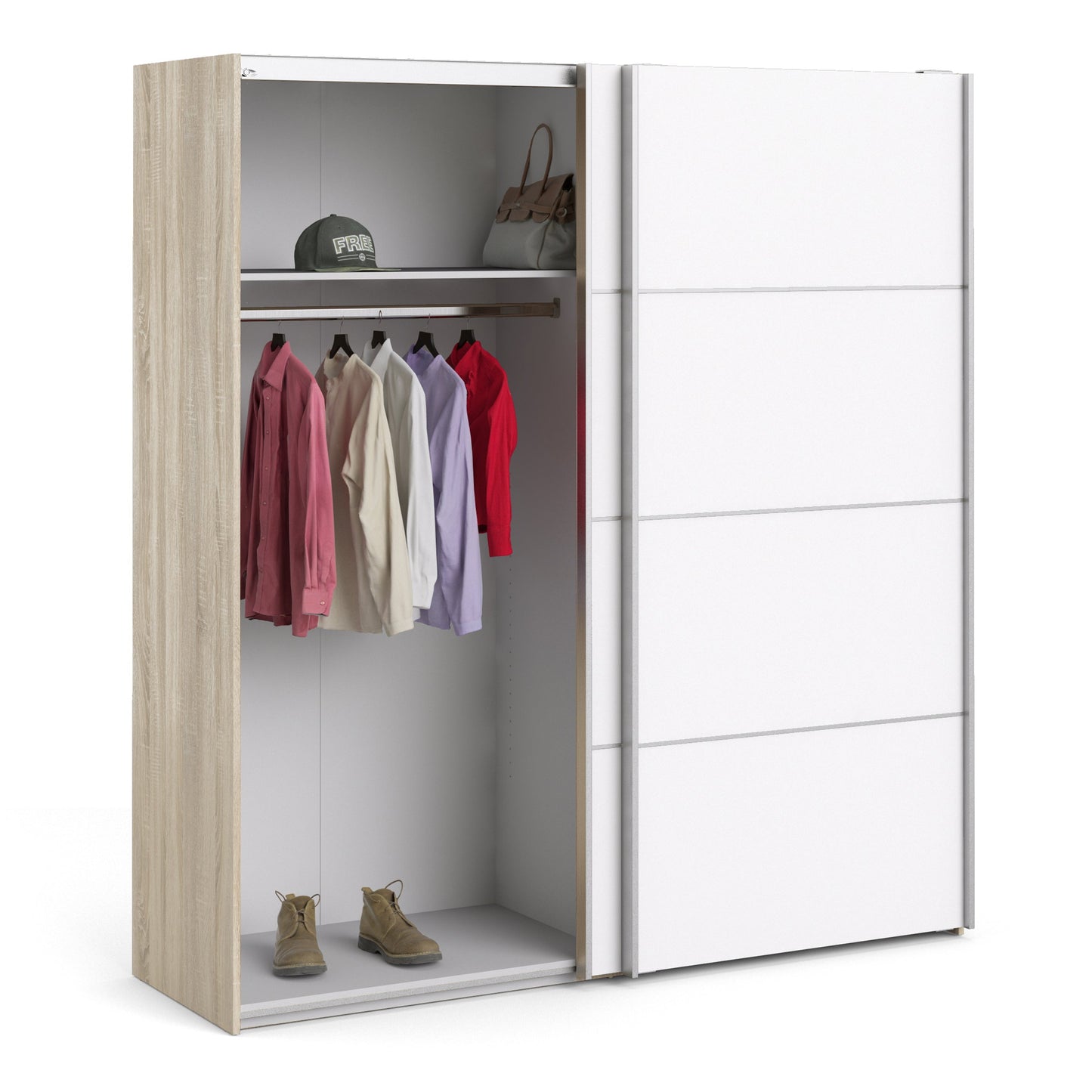 The 'Patsy' Collection.   Sliding Wardrobe 180cm in Oak with White Doors with 2 Shelves