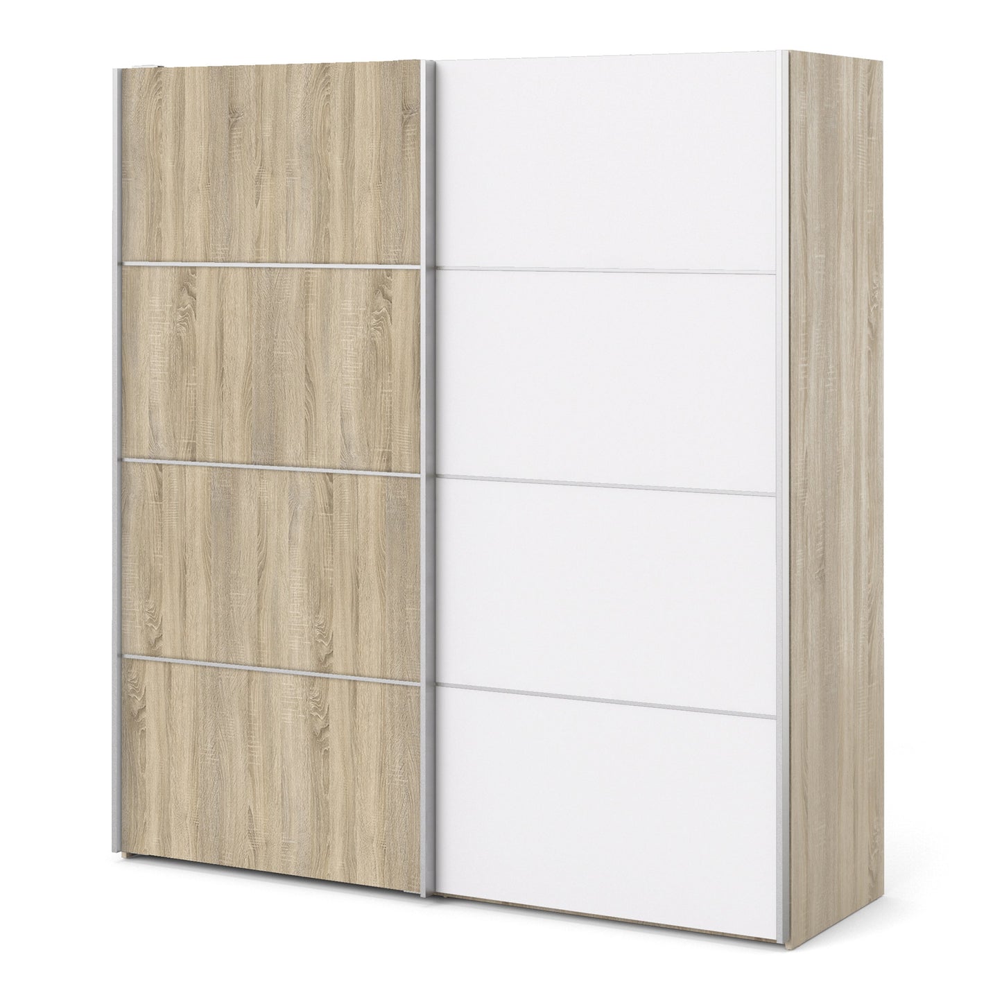 La collection 'Patsy'. Armoire coulissante 180 cm en chêne avec portes blanches et chêne avec 2 étagères