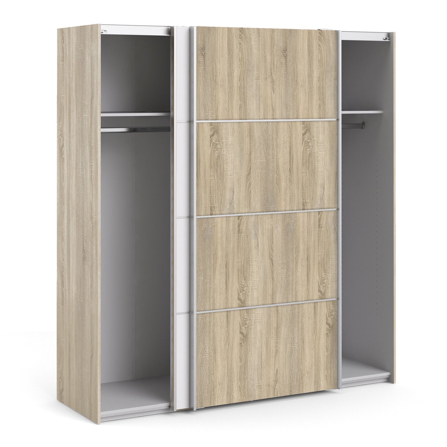La collection 'Patsy'. Armoire coulissante 180 cm en chêne avec portes blanches et chêne avec 2 étagères