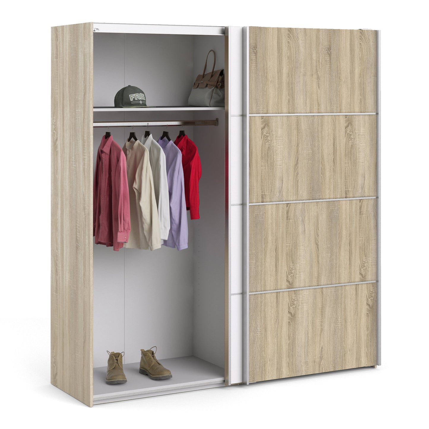 La collection 'Patsy'. Armoire coulissante 180 cm en chêne avec portes blanches et chêne avec 2 étagères