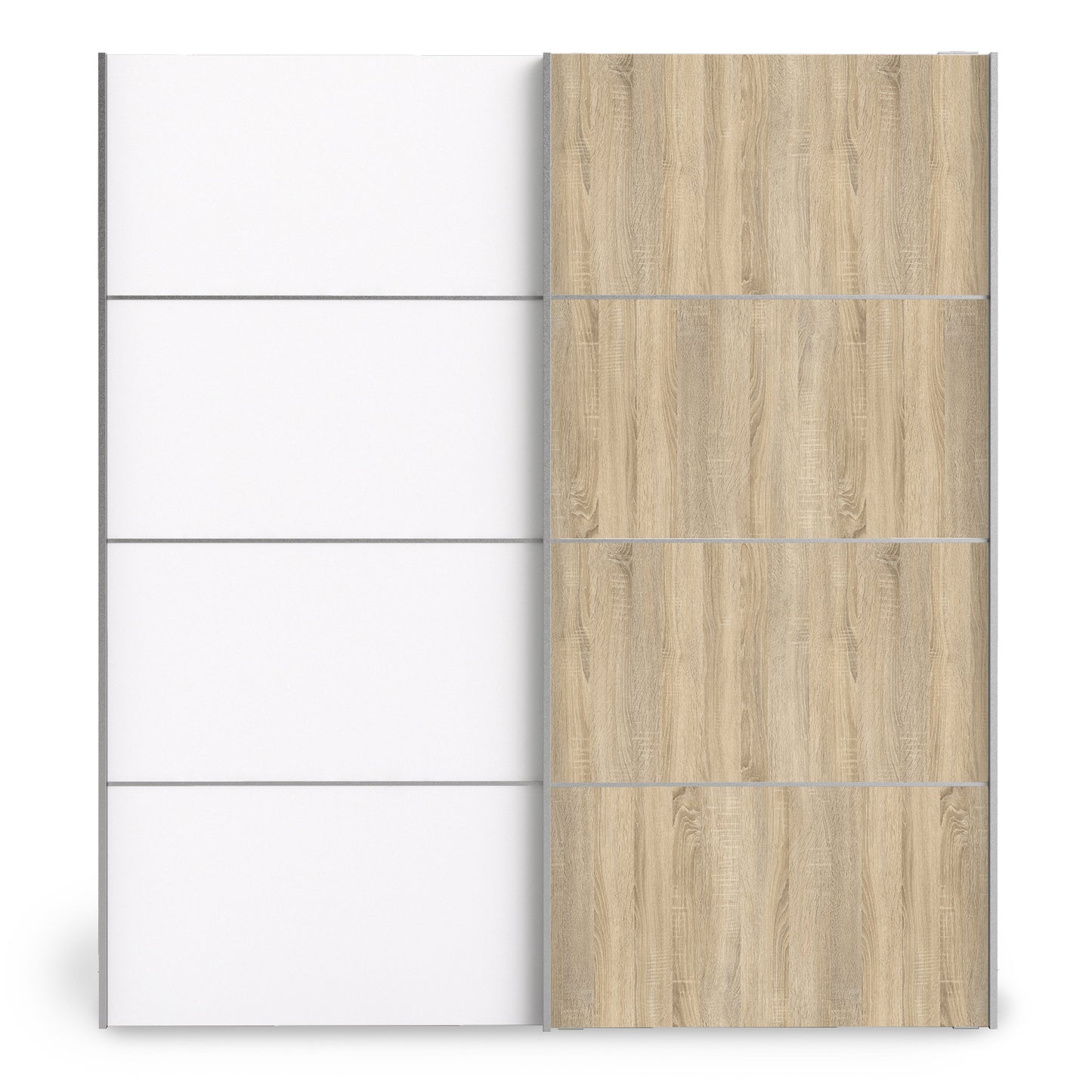 La collection 'Patsy'. Armoire coulissante 180 cm en chêne avec portes blanches et chêne avec 2 étagères