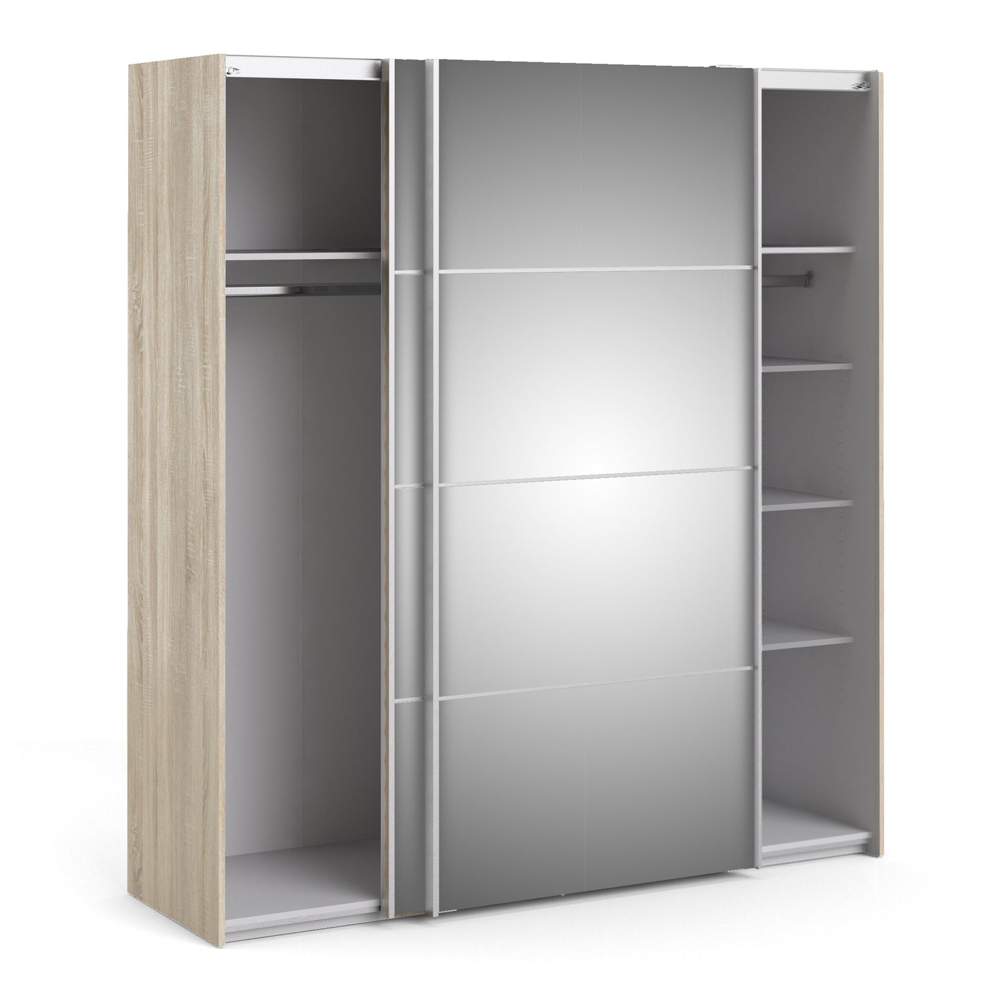 La collection 'Patsy'. Armoire coulissante 180 cm en chêne avec portes miroir et 5 étagères