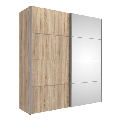 La collection « Patsy ». Armoire coulissante 180 cm en chêne avec portes en chêne et miroir avec 5 étagères