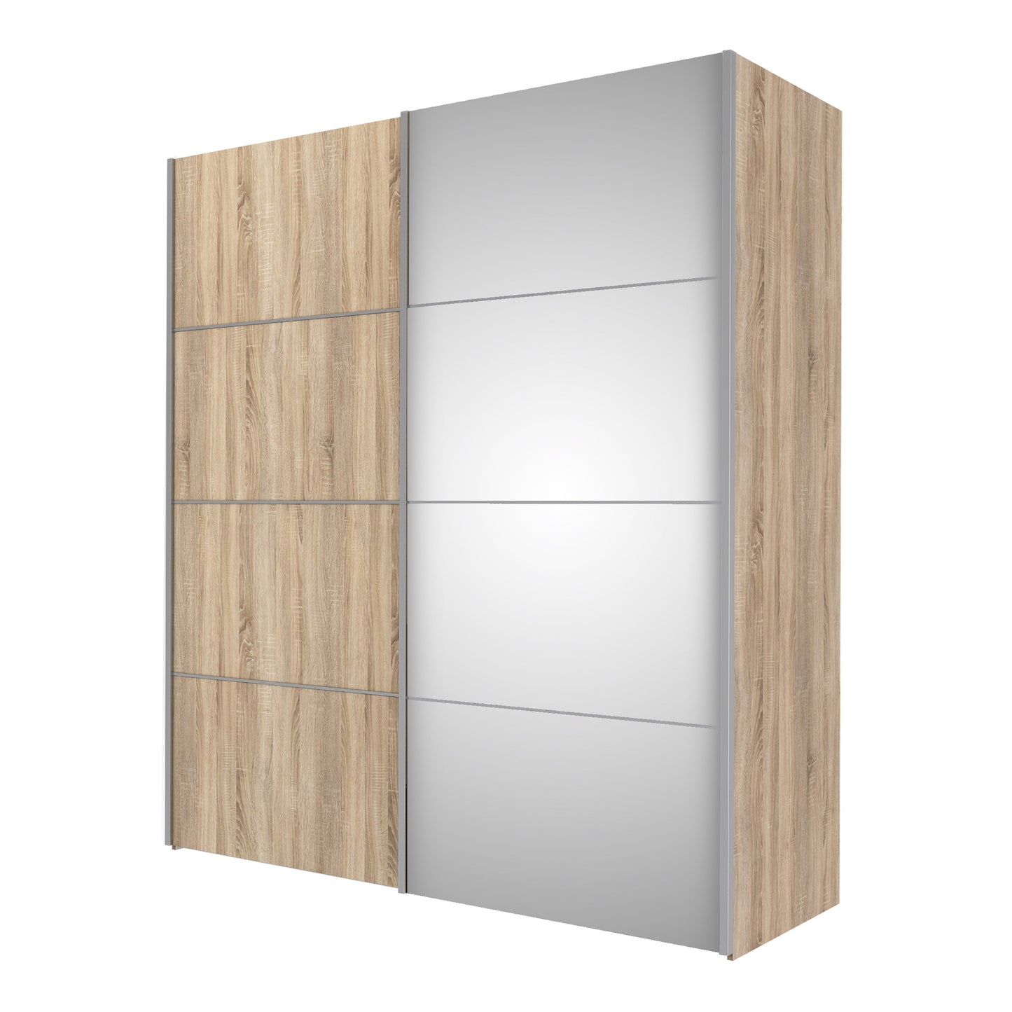 La collection « Patsy ». Armoire coulissante 180 cm en chêne avec portes en chêne et miroir avec 5 étagères
