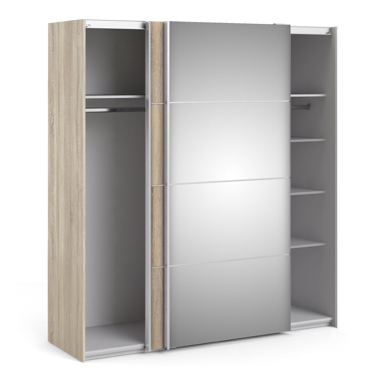 La collection « Patsy ». Armoire coulissante 180 cm en chêne avec portes en chêne et miroir avec 5 étagères