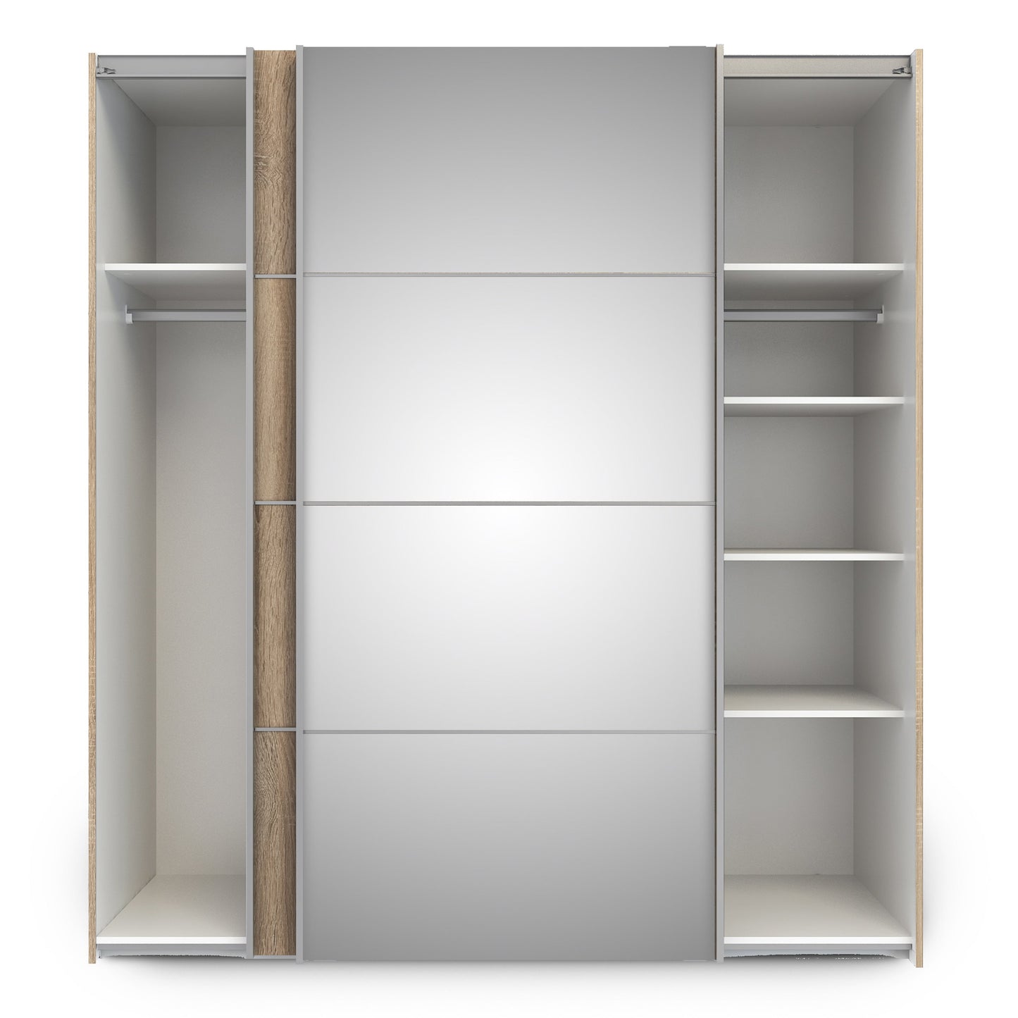 La collection « Patsy ». Armoire coulissante 180 cm en chêne avec portes en chêne et miroir avec 5 étagères