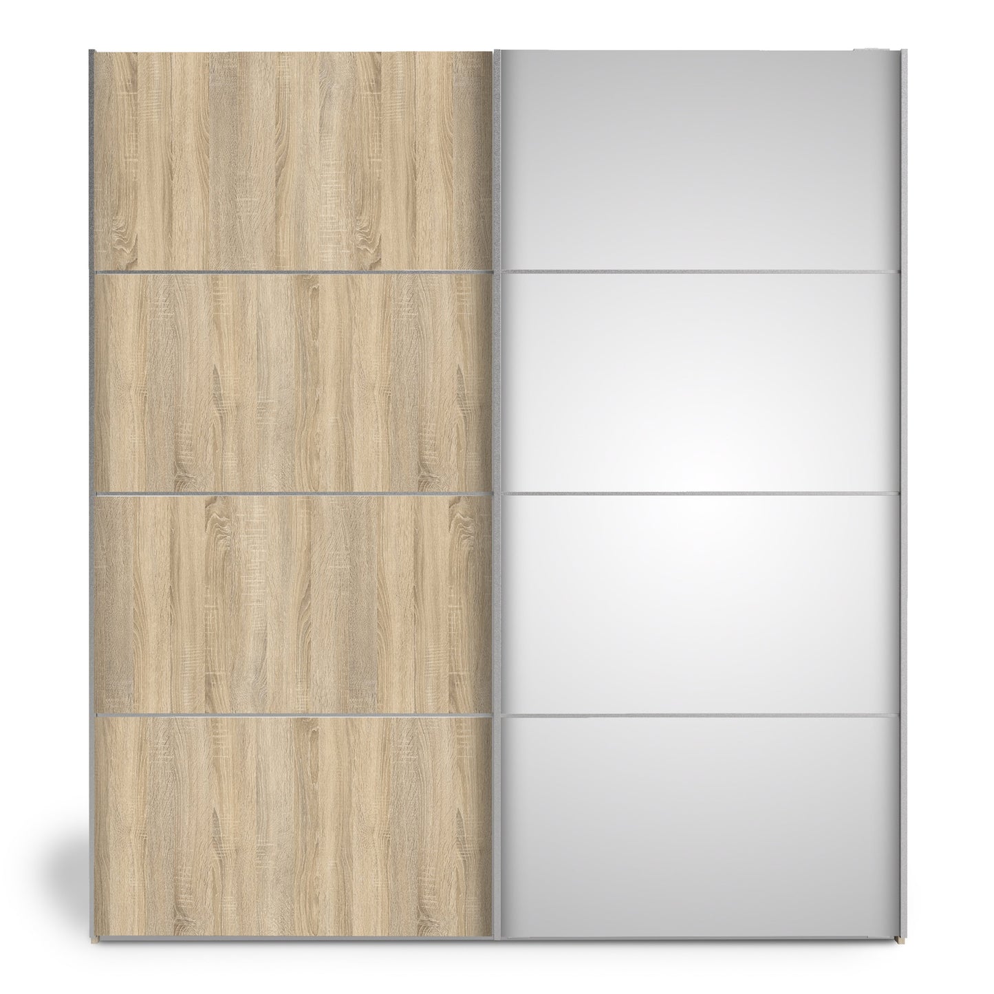 La collection « Patsy ». Armoire coulissante 180 cm en chêne avec portes en chêne et miroir avec 5 étagères