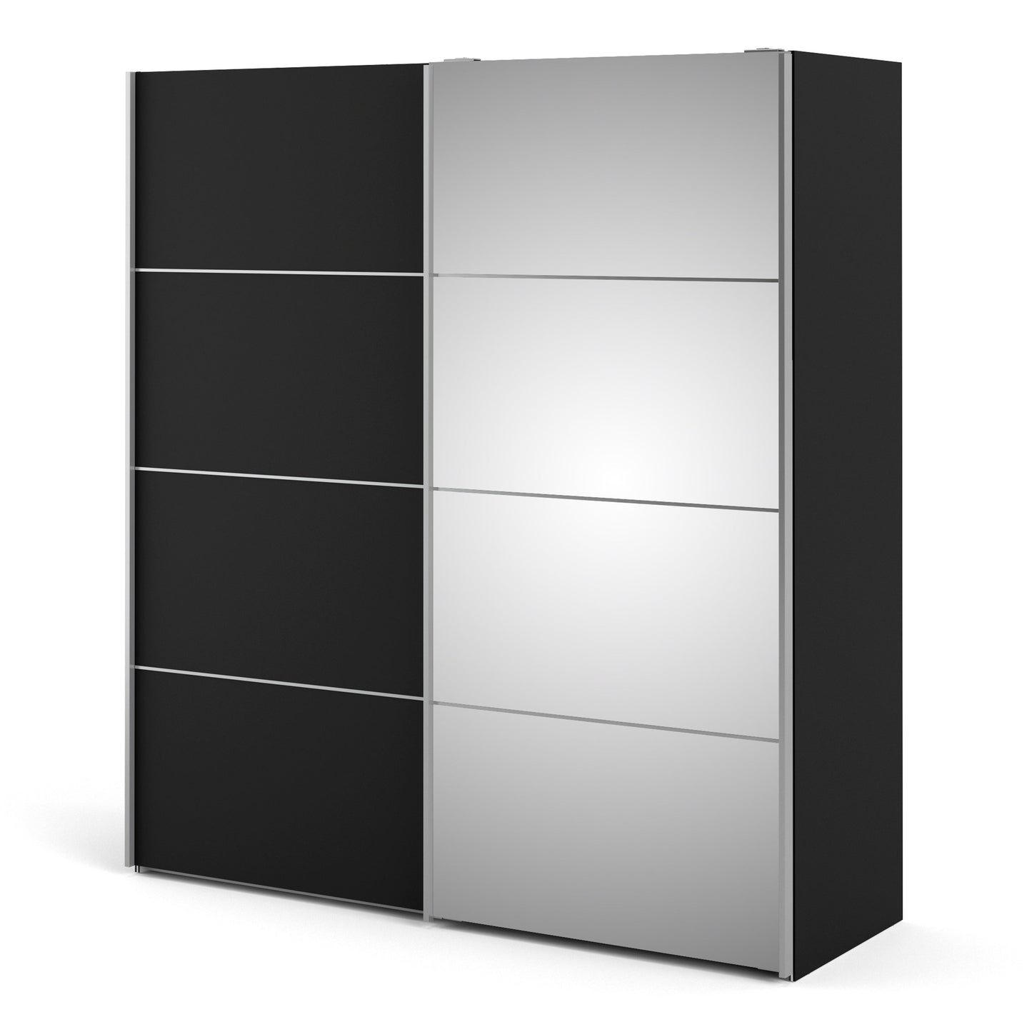 La collection 'Patsy'. Armoire coulissante 180 cm en noir mat avec portes noires mates et 5 étagères