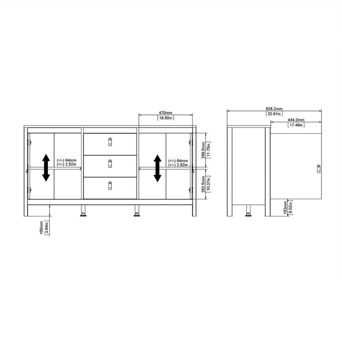 The 'Battle' Sideboard 2 Doors 3 Drawers in Grey