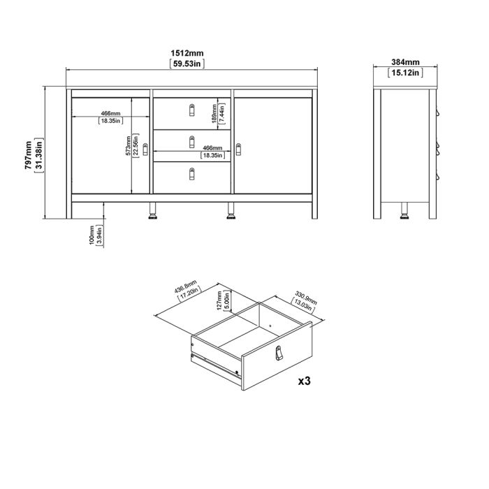 The 'Battle' Sideboard 2 Doors 3 Drawers in Grey