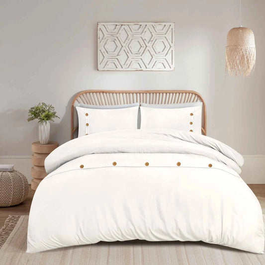 Parure de lit blanche avec boutons en bois de qualité supérieure