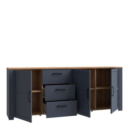 Le grand buffet 3 portes et 3 tiroirs « Floyd » en chêne/bleu marine