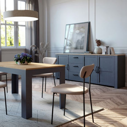 Le grand buffet 3 portes et 3 tiroirs « Floyd » en chêne/bleu marine