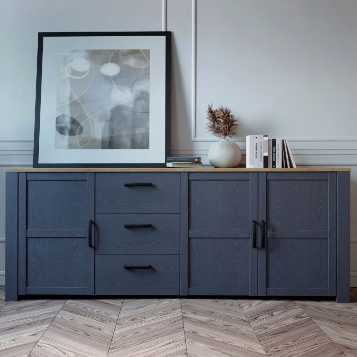 Le grand buffet 3 portes et 3 tiroirs « Floyd » en chêne/bleu marine