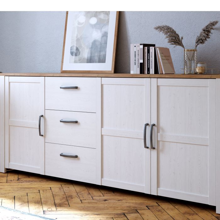 Le grand buffet 3 portes et 3 tiroirs « Floyd » en chêne/blanc