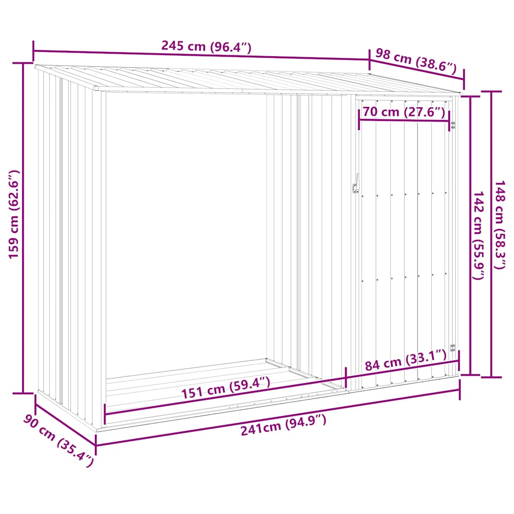 Garden Firewood Shed 245X98X159 Cm Galvanised Steel