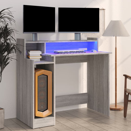 Bureau avec lumières LED Gris Sonoma 97x45x90 cm Bois composite