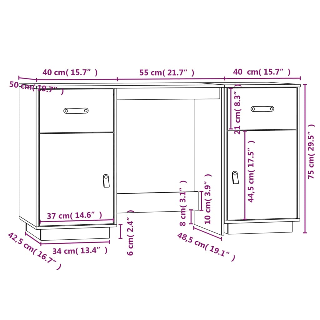 Desk with Cabinets Black 135x50x75 cm Solid Wood Pine