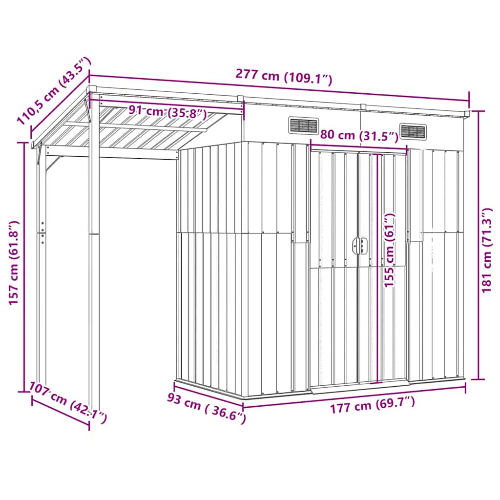 Garden Shed With Extended Roof 277X107X181 Cm Steel