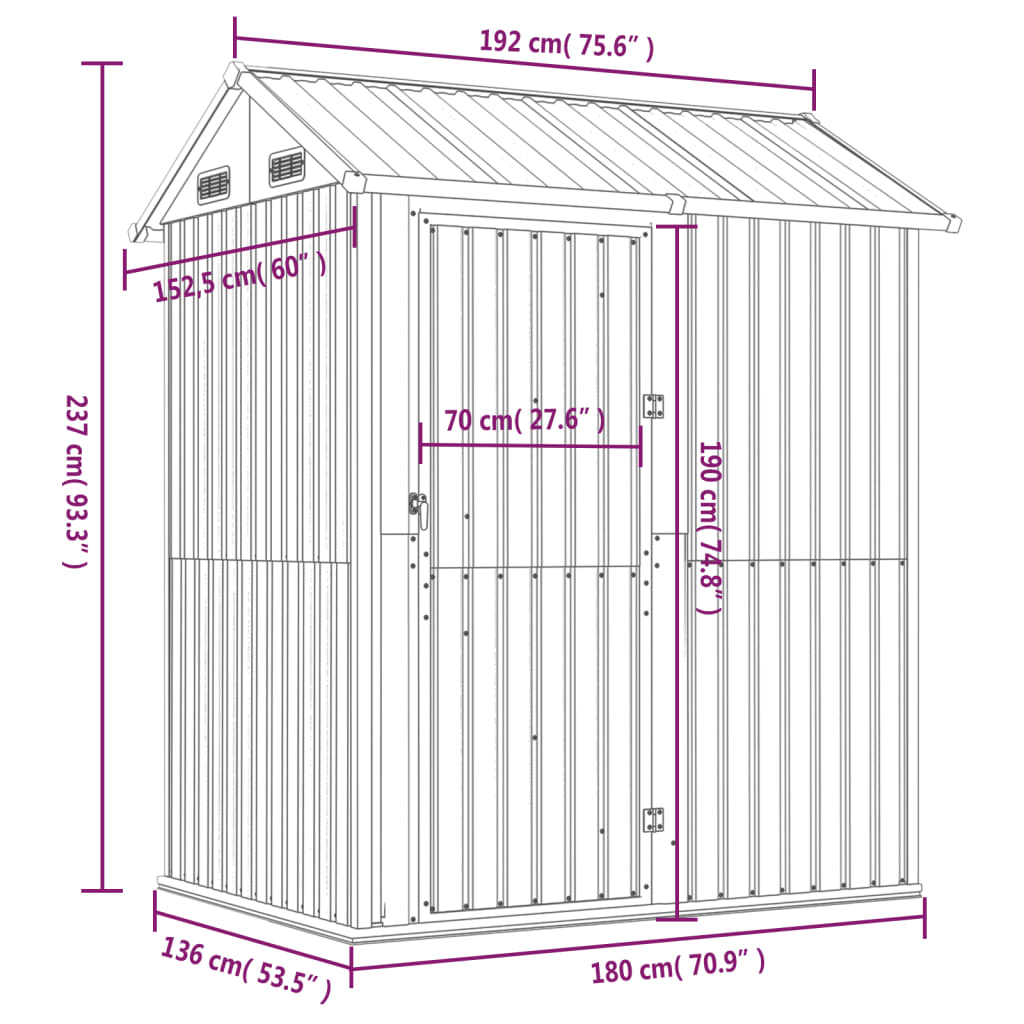 Garden Shed 192X152.5X237 Cm Galvanised Steel