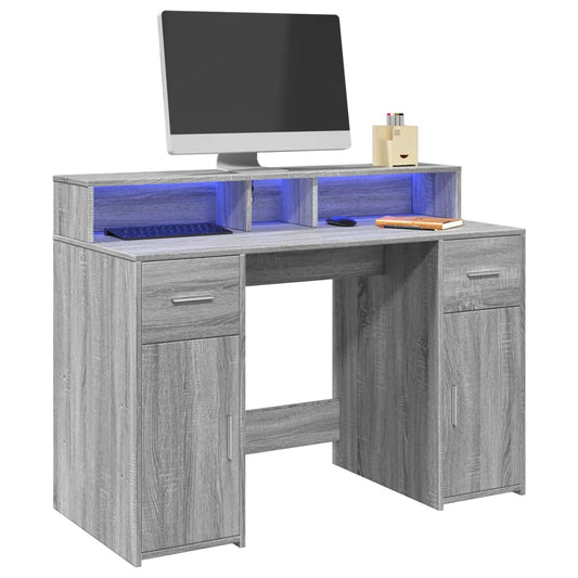Bureau avec lumières LED Gris Sonoma 120x55x91 cm Bois composite