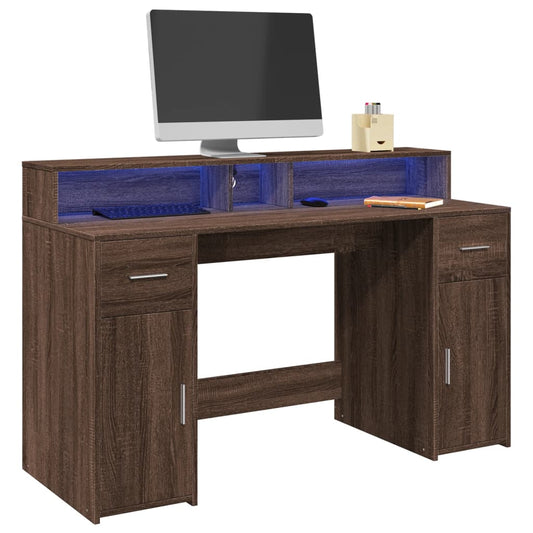 Escritorio con luces LED Roble Marrón 140x55x91 cm Madera Sintética