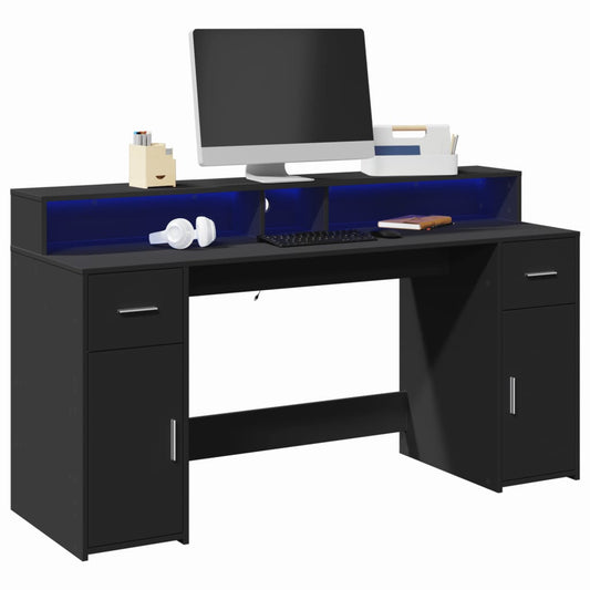 Bureau avec lumières LED Noir 160x55x91 cm Bois composite