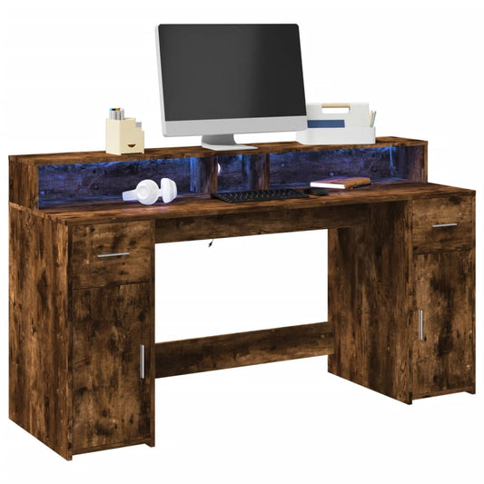 Bureau avec éclairage LED Chêne fumé 160x55x91 cm Bois composite