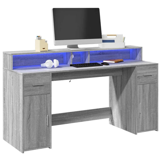 Bureau avec lumières LED Gris Sonoma 160x55x91 cm Bois composite