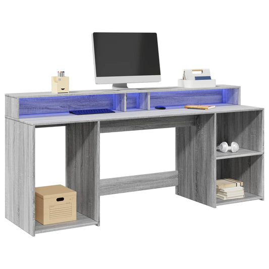 Escritorio con luces LED Gris Sonoma 200x55x91 cm Madera Sintética