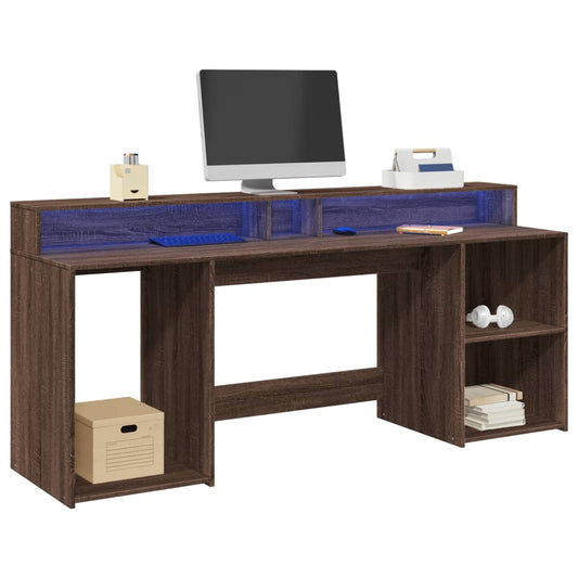 Escritorio con luces LED Roble Marrón 200x55x91 cm Madera Sintética